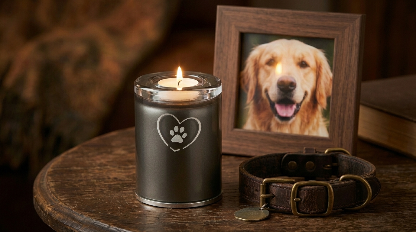 Fotka psa a obojek se známkou a urnička