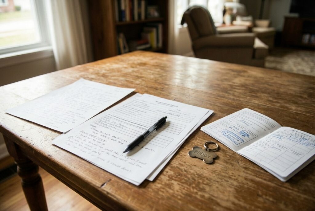 Dokumenty, očkovací průkaz a psí známka na stole.