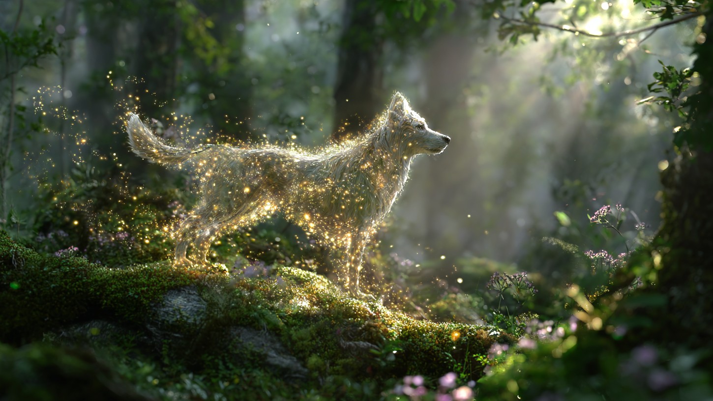 Psí duše v lesním prostředí obklopen zlatým třpytem
