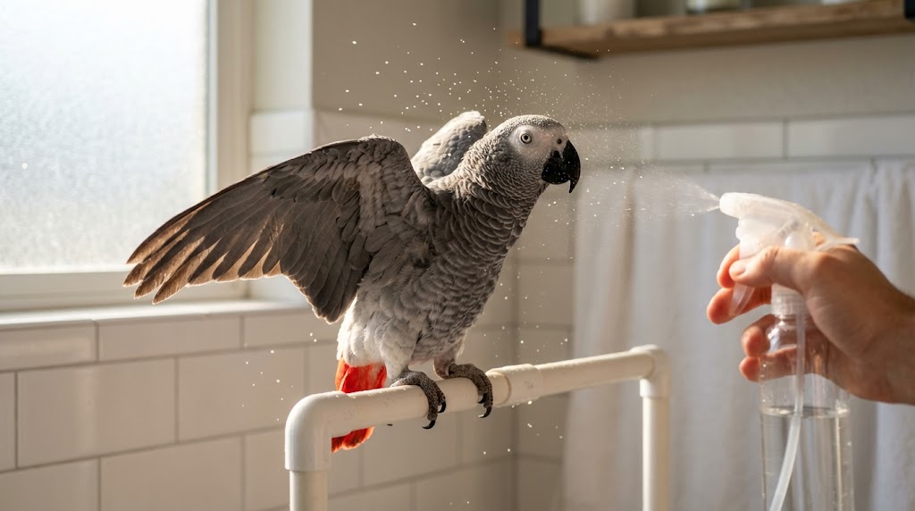 papoušek Žako na bidýlku stříkaný vodou z rozprašovače.