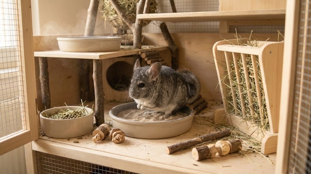 Činčila se čistí v misce se speciálním prachem