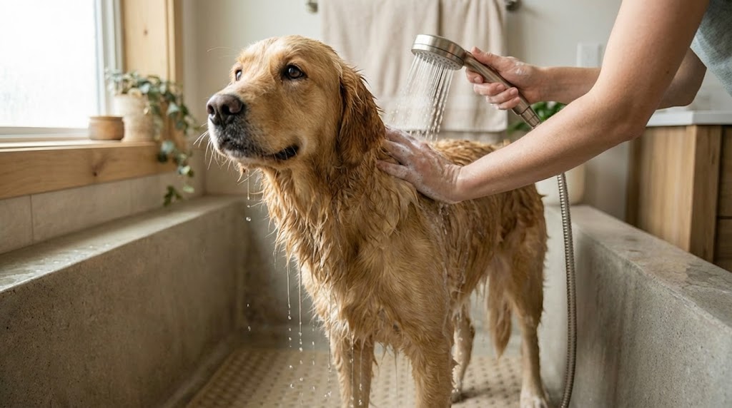 pes ve vaně, majitel ho sprchuje